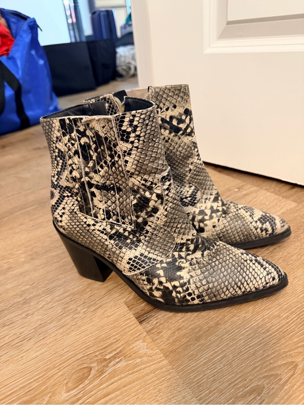 Blondo Snake-Print Pointed Ankle Boots - Black & Cream